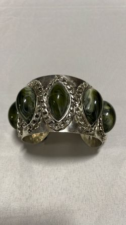 Silver-Tone Cuff Bracelet with Green Cabochon Stones