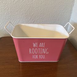 Decor Metal Pink “We Are Rooting For You.” Gift Tin. Brand New. 8 1/2” Great Gift