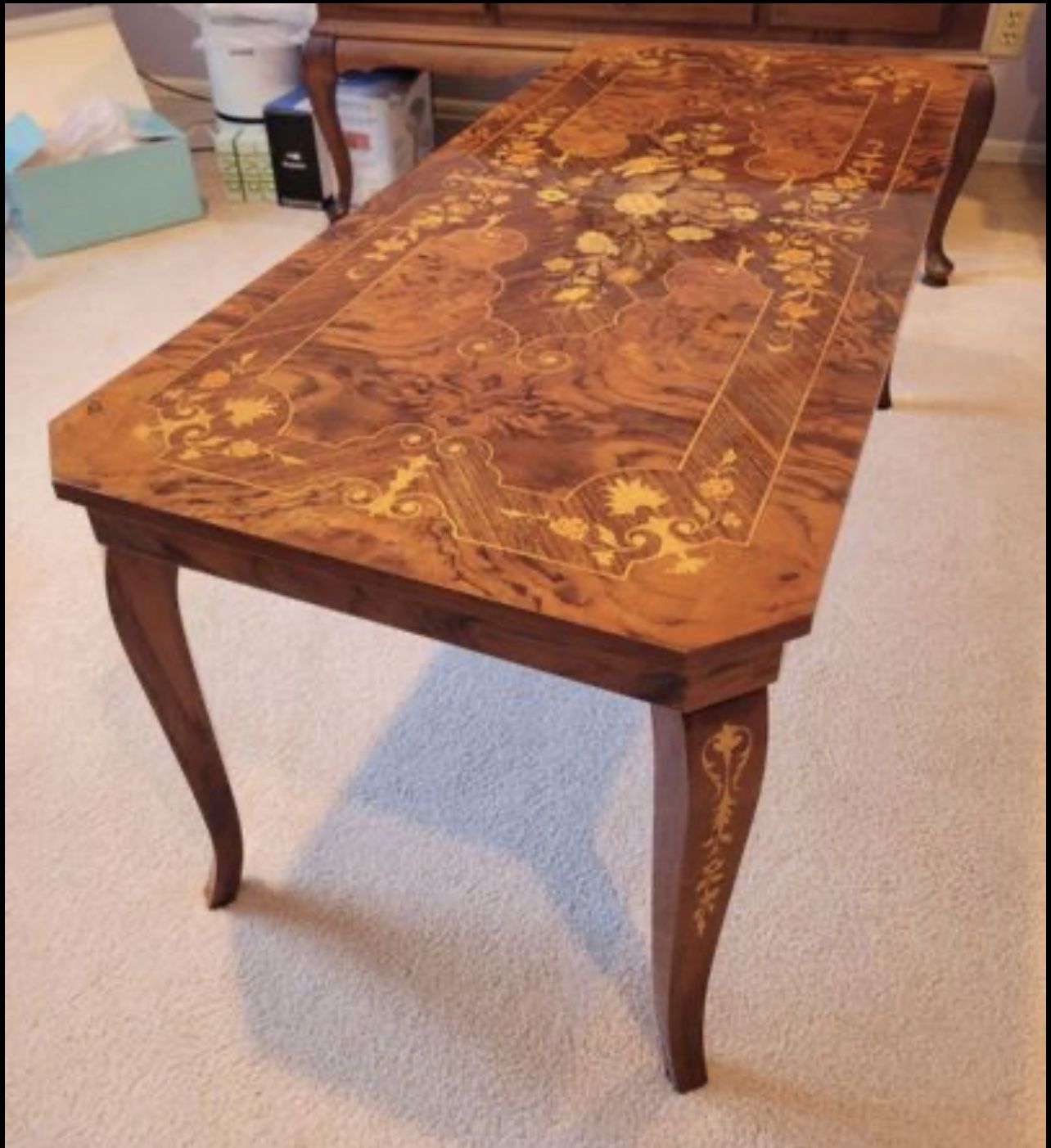 Vintage MCM Italian Marquetry Inlaid Wood coffee Table and Serving Tray Brass Handles Floral.