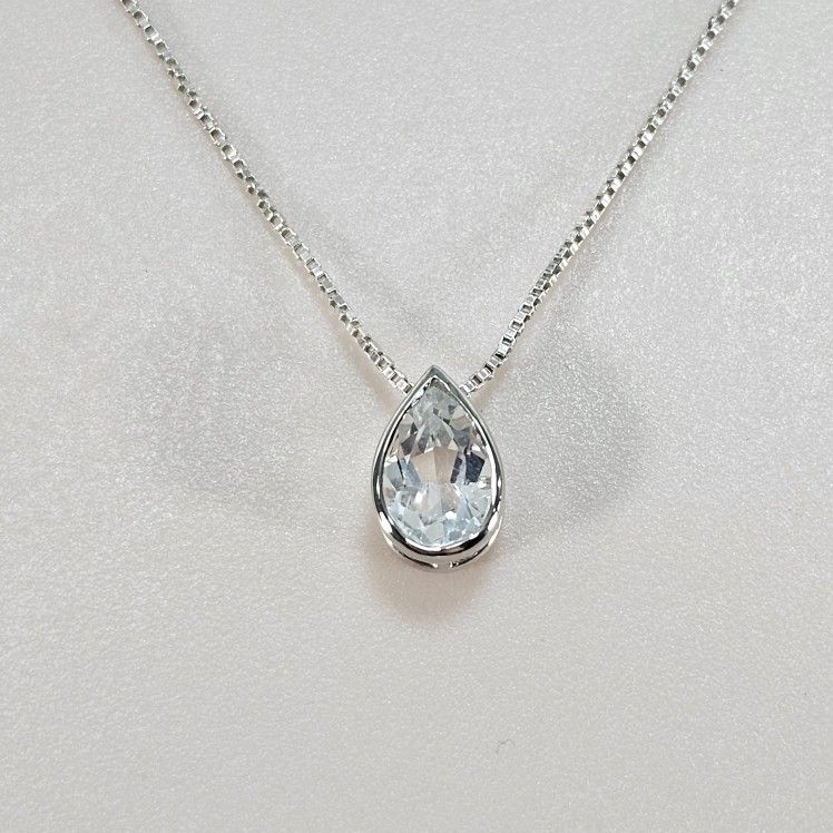 Sterling Silver 925 Pear-Cut Clear Gemstone Pendant Necklace, 20" Box Chain