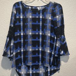 Stylish Blue & Black Plaid Bell Sleeve Blouse with Crochet Detail