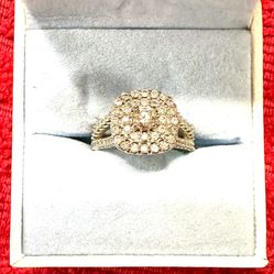 Diamond cluster wedding ring with a double halo and split shank band