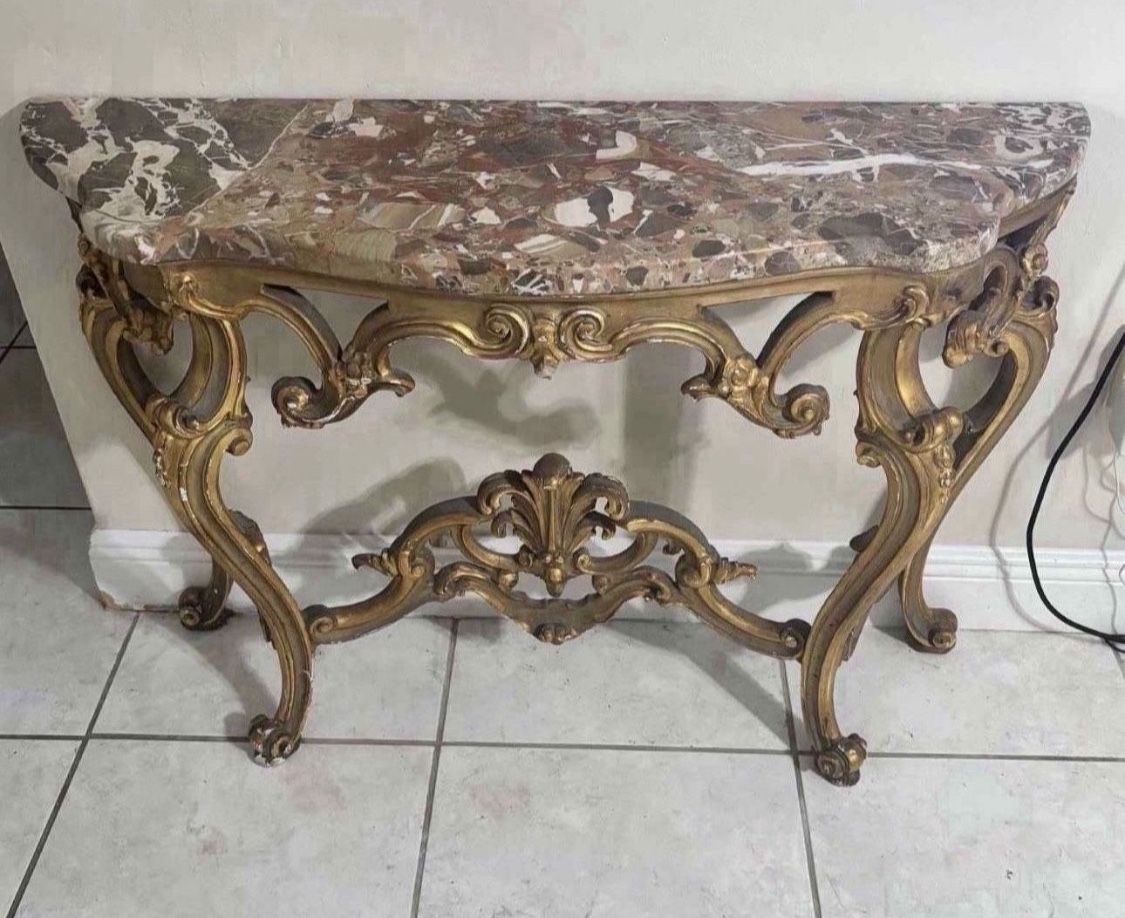 Antique Foyer Table With Marble Top 43”Lx13.5”Wx30”H