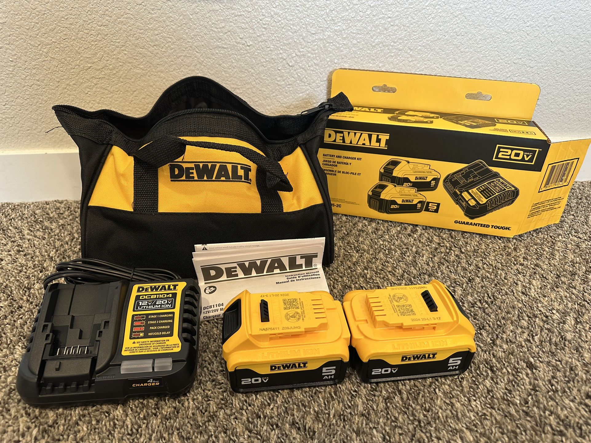 2 Dewalt 20V MAX XR 5.0Ah Batteries, 4ah Hour Charger and Tool Bag!