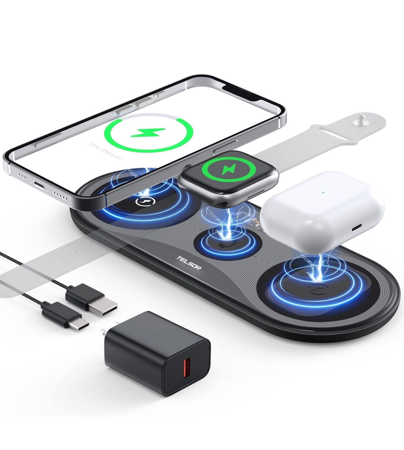 Wireless Charging Pad, Portable Wireless Chargers for Multiple Devices, Wireless Charging Station for iPhone 16 15 14 13 12 11 Pro Max, for Apple Watc