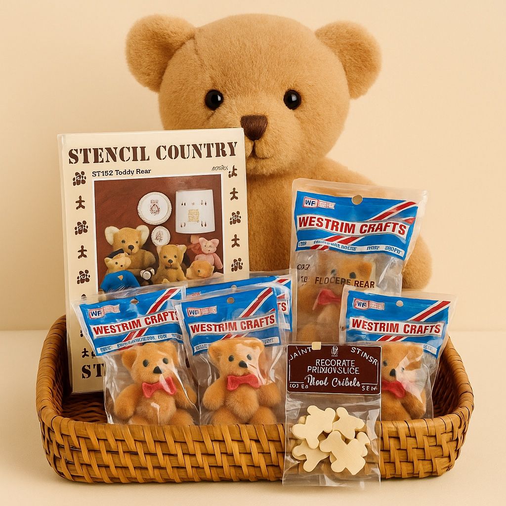 VINTAGE Teddy Bear Craft Bundle – Stencil Sheet I Flocked Bears I Wood Cutouts