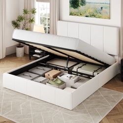 Queen Size Velvet Lift Up Storage Bed Frame, Vertical Channel Tufted Headboard, Hydrualic Underneath Storage, Upholstered Platform Bed, Wooden Slats S