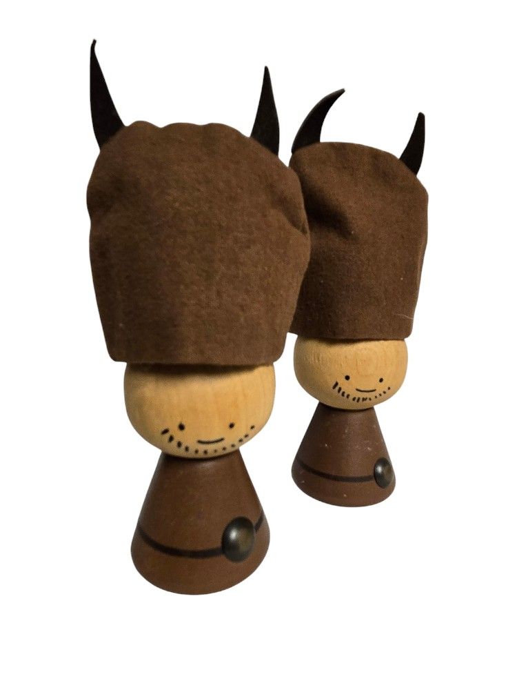 vintage wooden Easter egg cups with horned hats