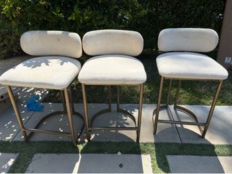 Set of 3 kitchen counter stools - cream fabric and brass