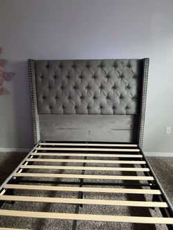 Gray Velvet Wingback Queen Bed Frame