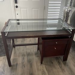 Modern Wood & Glass Top Desk w/ Filing Cabinet