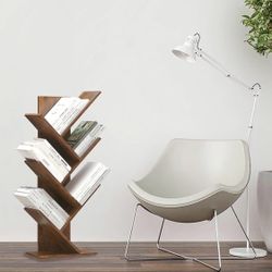 Brand New Tree Bookshelf - 6 Tier Tall Wood Floor Standing Bookcase for CDs, Movies, and Books - Retro Design with Utility Organizer Shelves for Bedro
