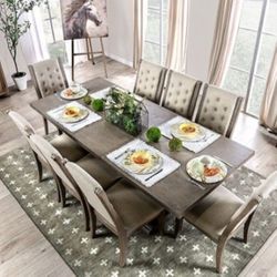 Brand New Rustic Natural Tone, Beige Trestle Style 9pc Dining Table Set 