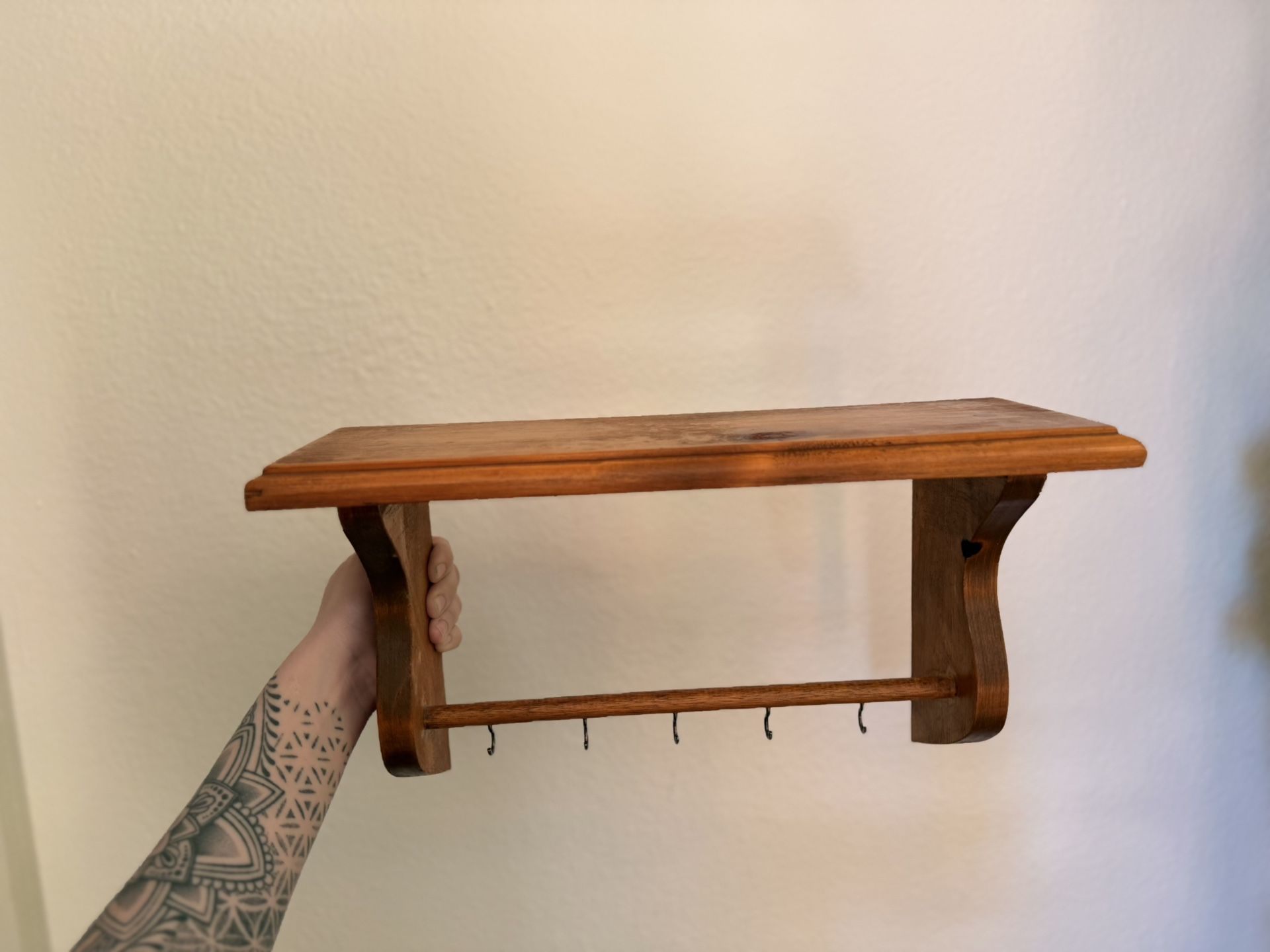 Vintage Wood Mug Shelf with Hooks