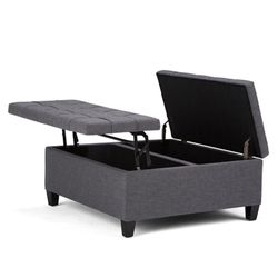 Simpli Home Harrison 36" Transitional Square Coffee Table Ottoman in Gray Linen Look Fabric