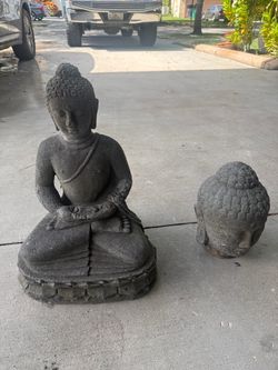 Stone Buddha Statue and Head Sculpture Set