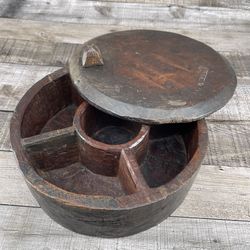 Vintage Wooden Round Spice Box Swing Lid Round Spice Holders Heavy