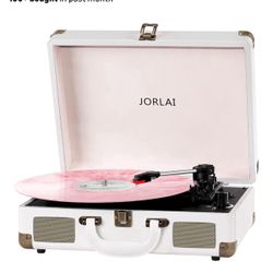 Record Player 3 Speeds Turntable with Bluetooth Built-in Battery Stereo Speakers Vintage Record Player Belt Driven Portable Suitcase PC Recording Whit