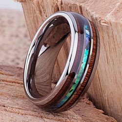 Men's 8mm Tungsten Carbide Abalone Shell Koa Wood Inlay Comfort-Fit Engagement Wedding Band 12