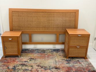 Wood and Rattan Headboard with Two Nightstands