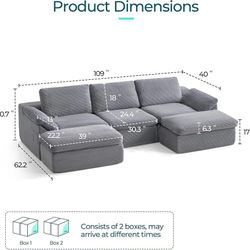 Grey Green 109" Modular Couch Modern Boneless Cloud Couch, U Shaped Sofa with Movable Ottomans, Deep Seat Corduroy Sectional Couches for Living Room, 