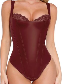 Popilush Faux Leather Lace Trim Corset Bodysuit