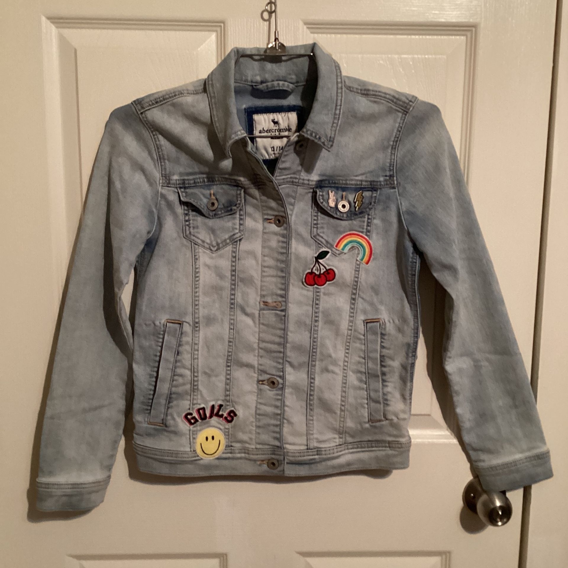 Denim Jacket For Girls Size 13 / 14 With Patches And Pins No Holes Or Rips 