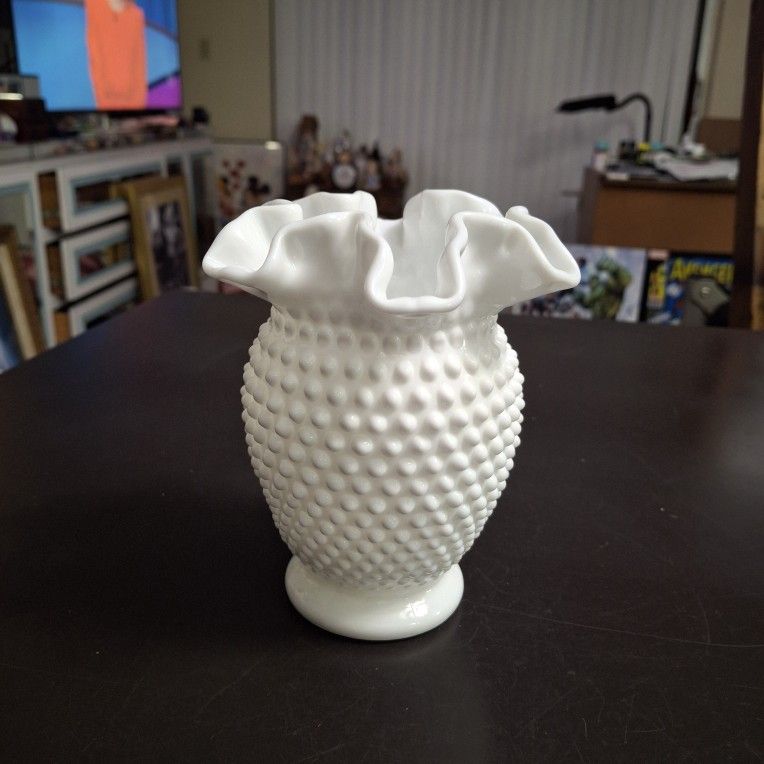 Vintage Mid 20th Century Fenton White Hobnail Milk Glass Vase With Ruffled Crimped Edges 6" Tall