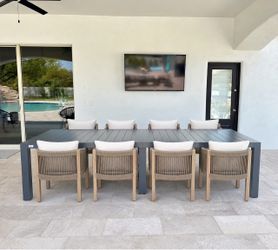New Modern 9-Piece Outdoor Dining Set for 8, 121-Inch Rectangular Aluminum Patio Table with 8 Acacia Wood Rope Dining Chairs and Removable Cushions, M