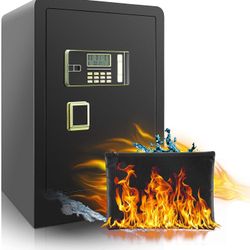 3.2 Cub Large Safe Box Fireproof Waterproof, Digital Home Safe with Fireproof Bag, Double Lock Safe with HD LCD Screen, Separate Lock Box, LED Light,