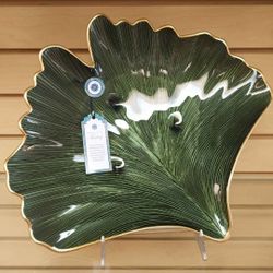 Glass Leaf Shape Plate / Platter, Vase etc..  ( NEW ) green & gold