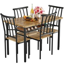 5 Piece Dining Table Set for 4, 1 Dining Table 47 "D x 28 "W x 32 "H with Storage Shelf, 4 Wooden Dining Chairs, Rustic Brown $100  Warehouse Clearanc