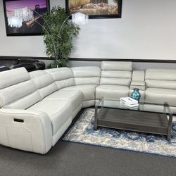 Light Gray Leather Sofa Sectional w/ Wireless Charger & Adjustable Head Rest 