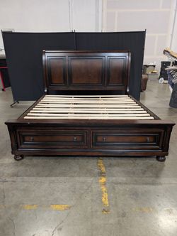 Dark Wood Sleigh King Size Bed Frame with Storage