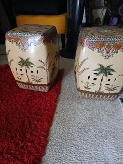 Vintage  Glazed  ceramic  elephants  low stools a pair