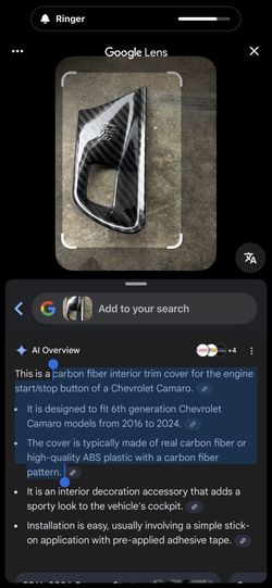 carbon fiber interior trim cover for the engine start/stop button of a Chevrolet Camaro.  It is designed to fit 6th generation Chevrolet Camaro models