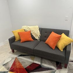 Modern Charcoal Grey Sofa – Mid-Century Style w/ Accent Pillows & Geometric Rug 