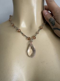 Gorgeous vintage clear quartz and pink glass beaded necklace with a clear quartz pendant