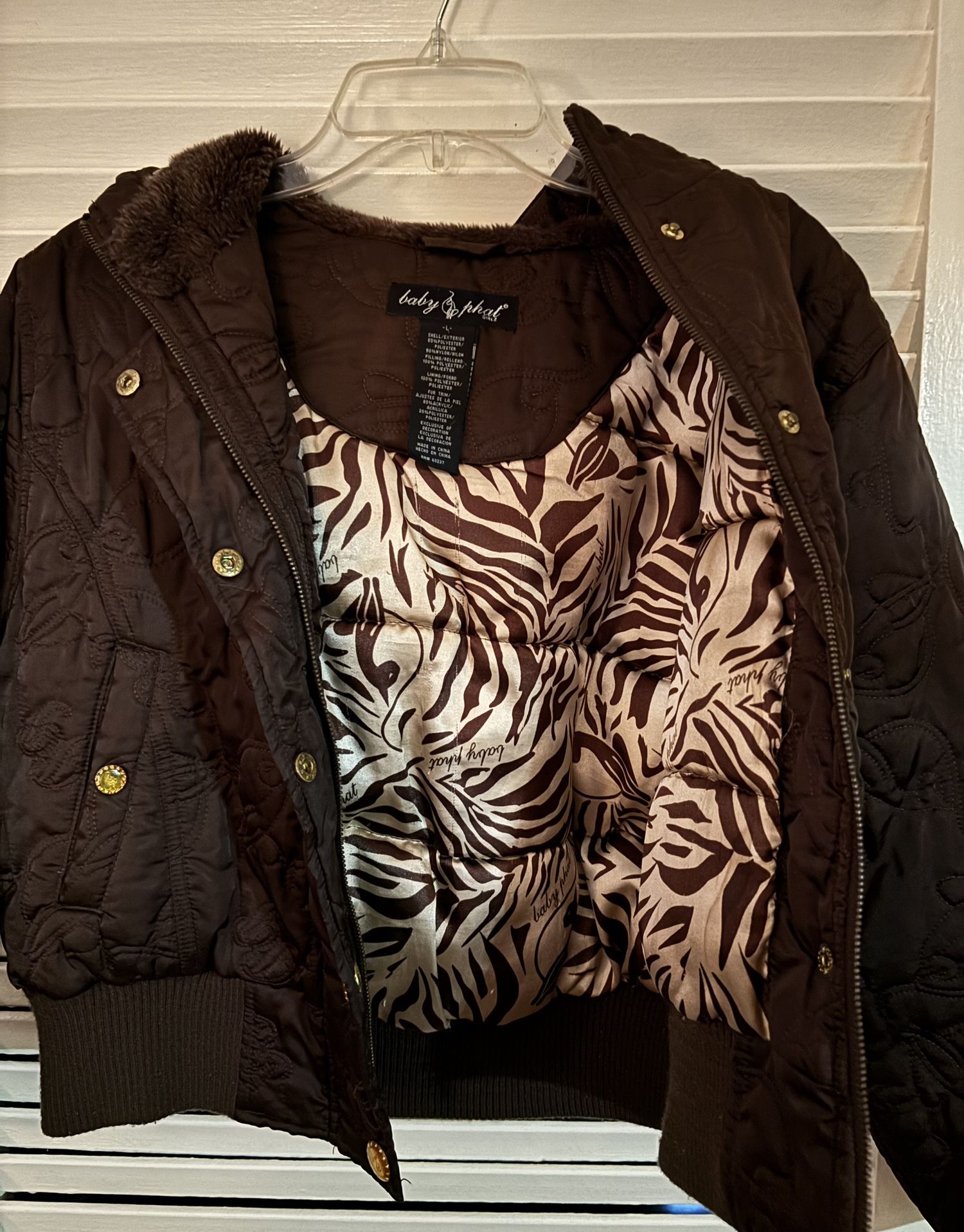 Baby Phat Jacket Brown Hooded Size Large Shoulder To Shoulder 17” Long 20”