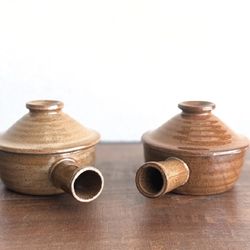 Two Vintage Speckled Earthenware Soup Bowls with Hollow Handles and Lids