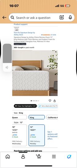 Signature Design by Ashley Chime Memory Foam 12" King Mattress with Thick Memory and Support Foam for Pressure Relief, Fiberglass Free