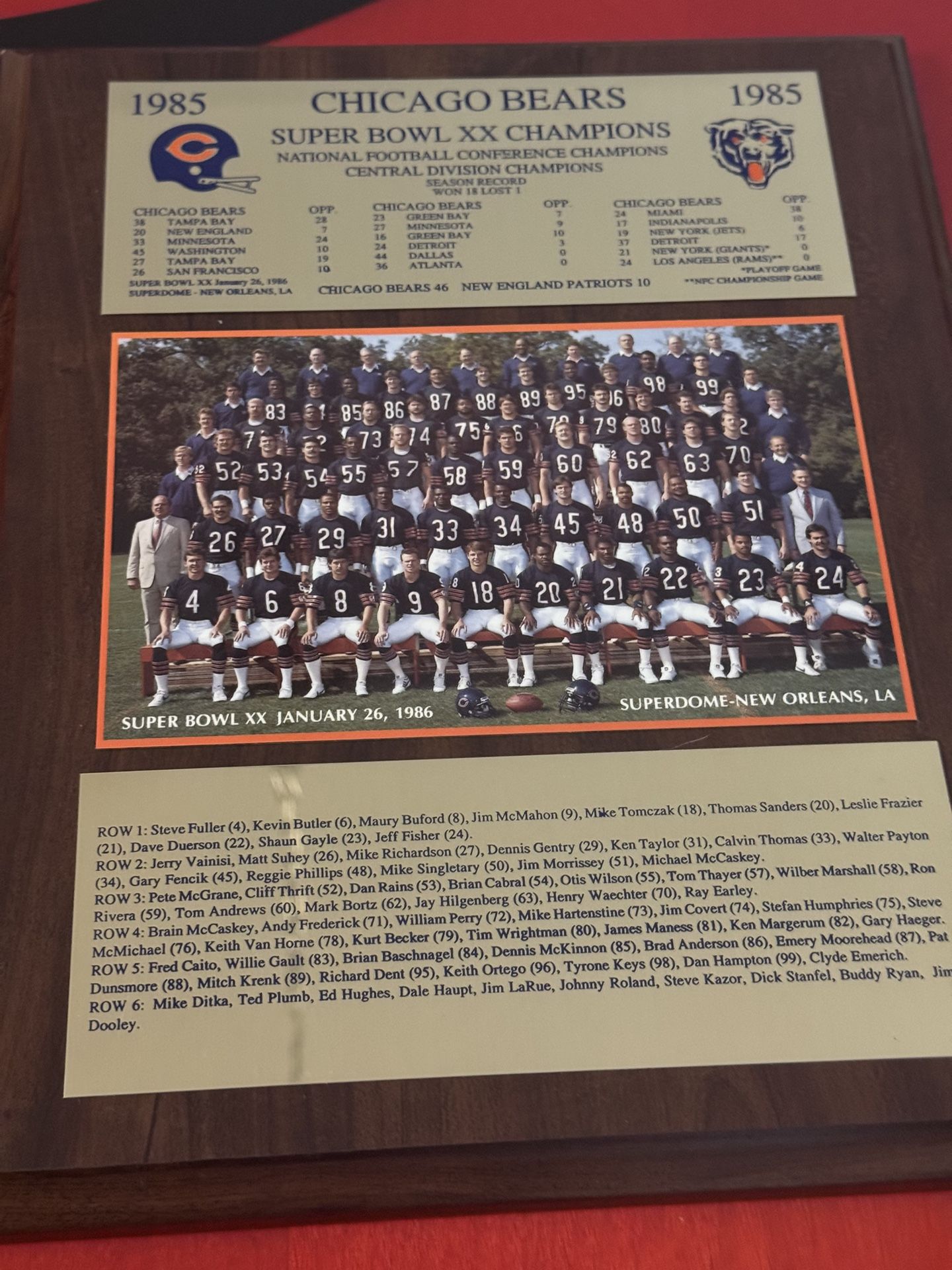 Chicago Bears Super Bowl XX Champions Plaque & Turf