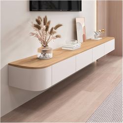 63 inch Floating TV Stand Wall Mounted TV Cabinet Floating Shelves with Door Entertainment Media Console Solid Wood Modern Living Room Round Corner TV