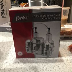 Perini six piece stainless steel condiments Set New still in box 5 dollars