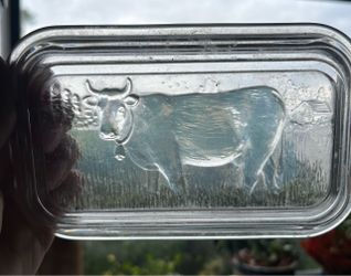 Vintage Glass Butter Dish with Embossed Cow