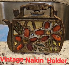 VTG. Napkin Holder Cast Iron Stained Glass Acrylic Tea Kettle Pot Granny Chic(original made in Taiwan)