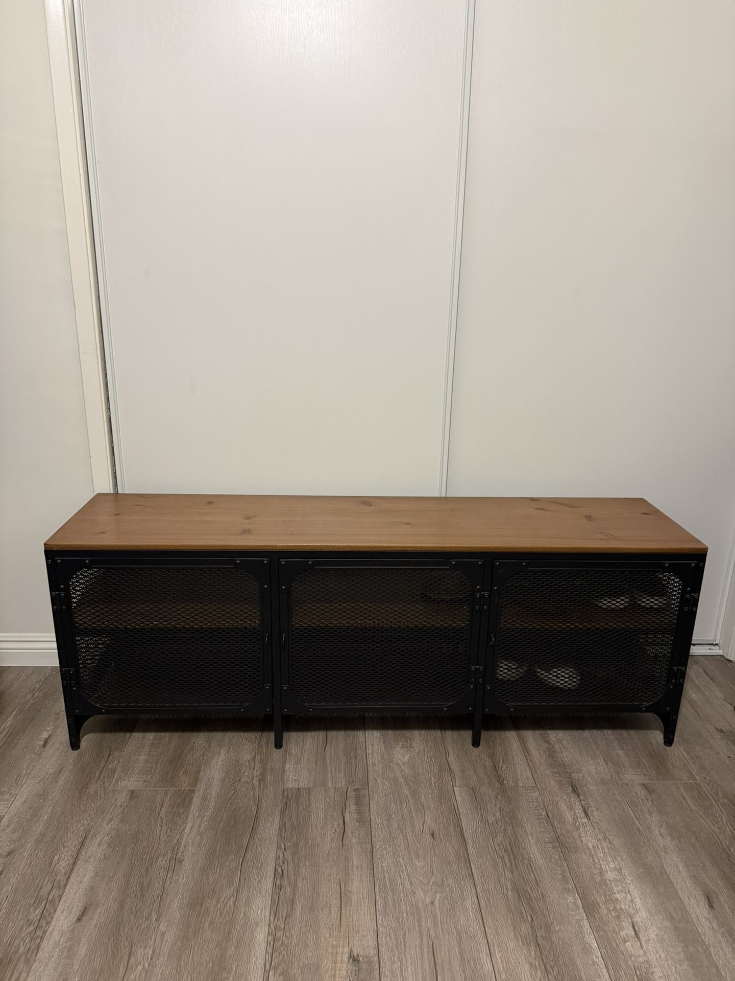 Industrial Ikea Media / Storage Console – Metal Mesh Doors + Wood Top