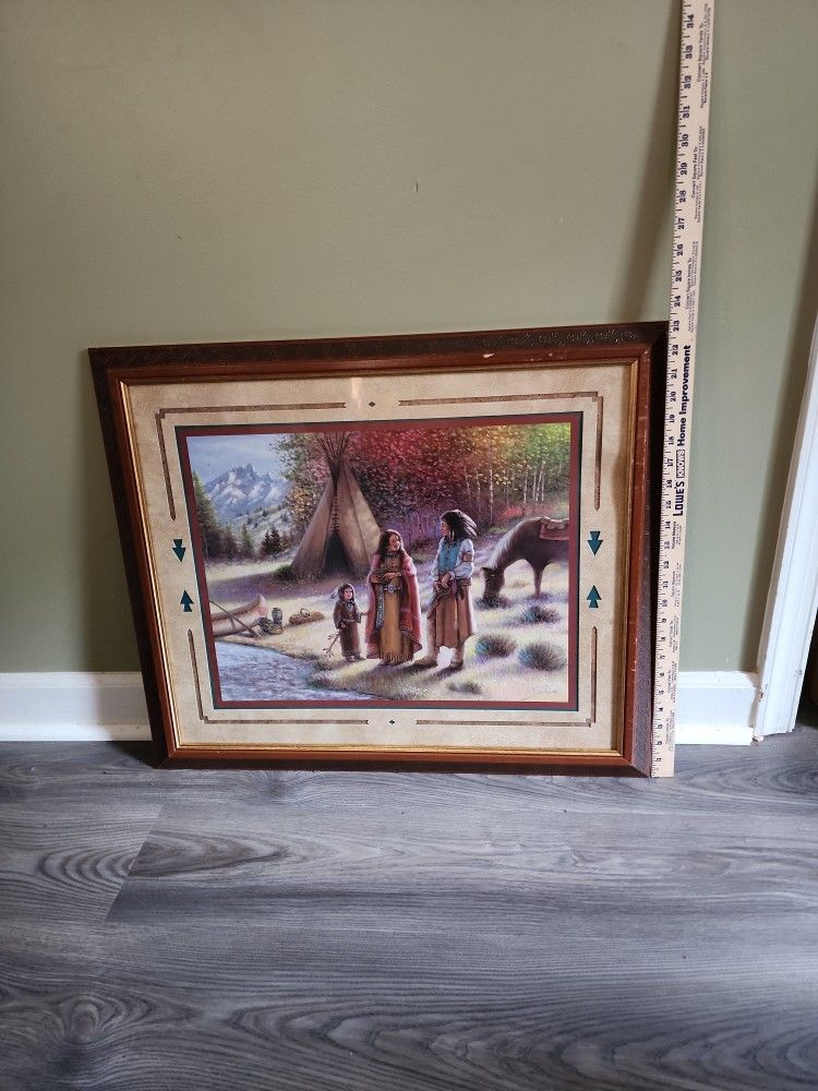 Vintage Joe Sambataro Art Indian Native American Family Signed Wood Framed Lithograph Print