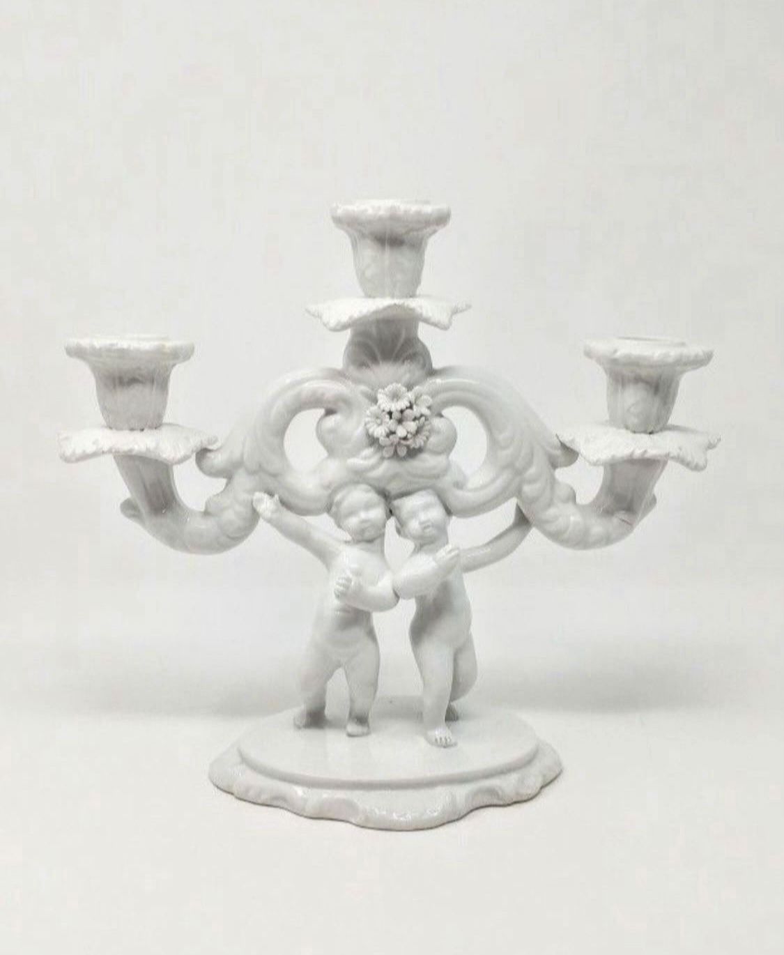 Vintage White Porcelain 3-Arm Cherub Candelabra Italian