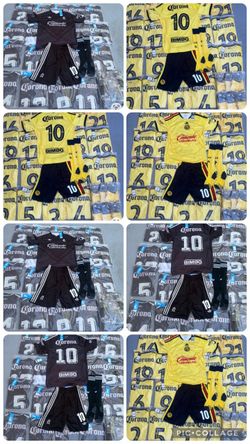 20 sets Club America home and away and Barcelona Soccer uniforms ready to pick up or i can ship them any where in the US 40$ each set includes jerseys
